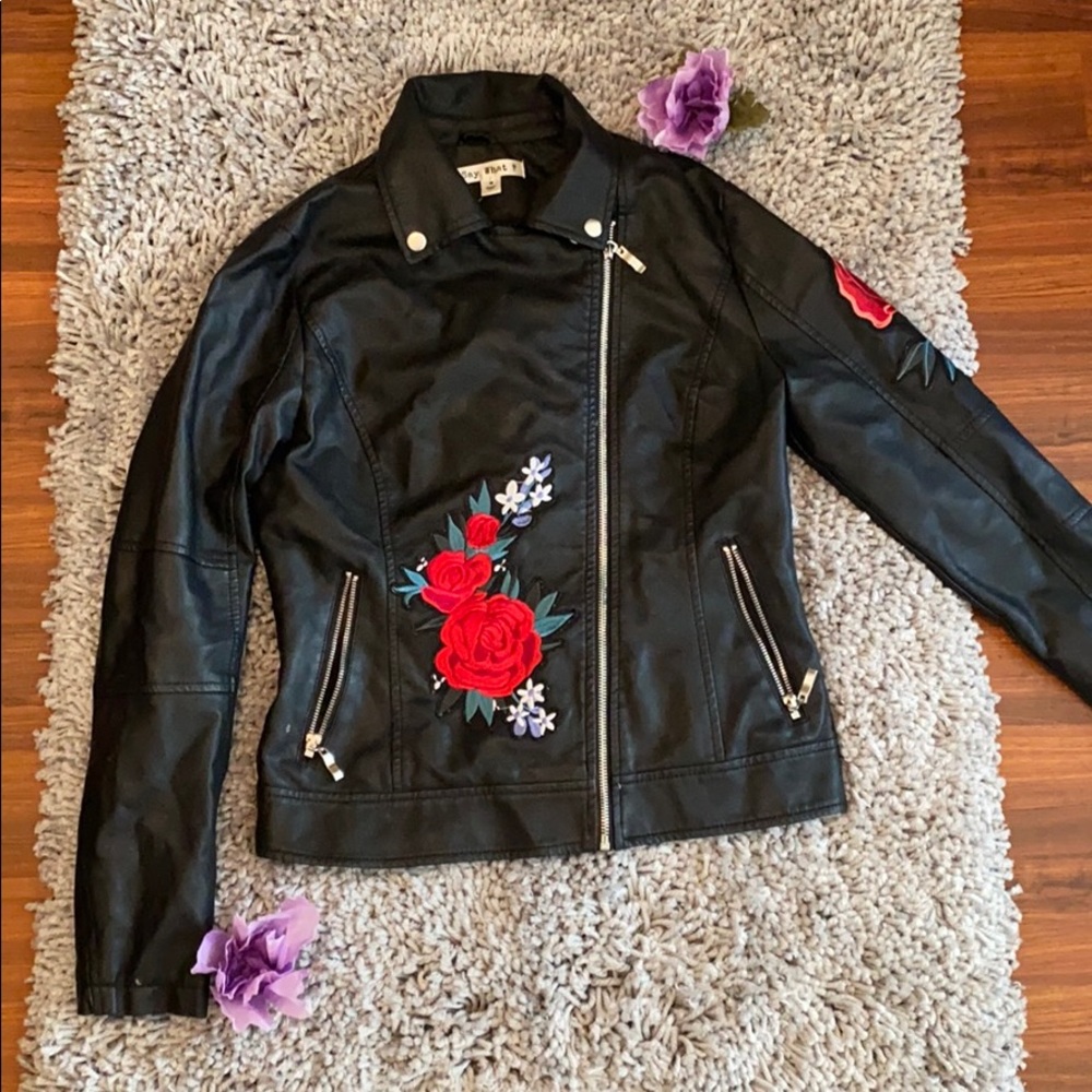 Leather (faux) jacket with floral accents !